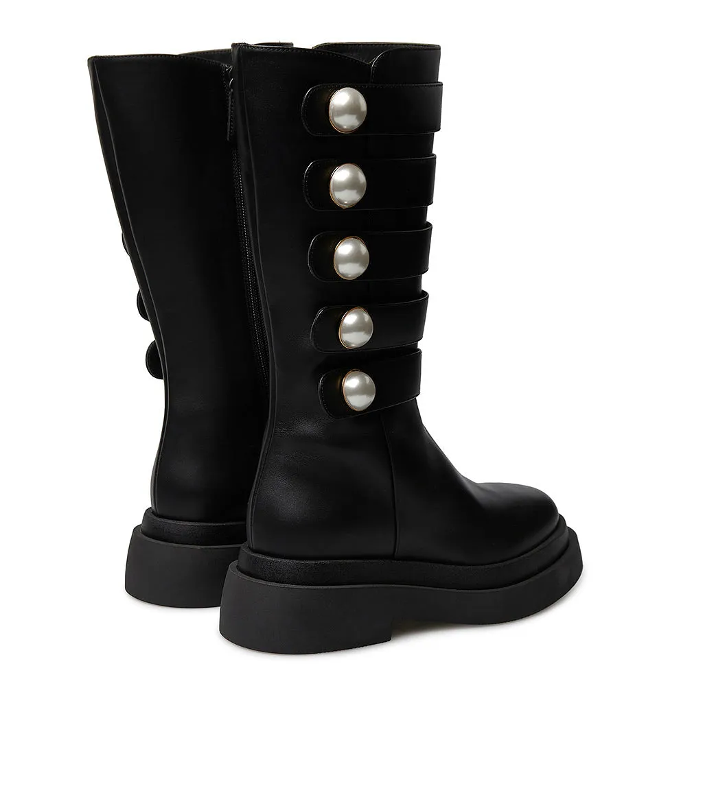 Pearl studs straps black calfskin boots