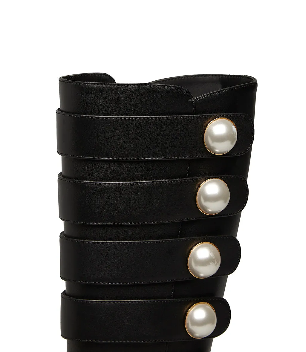 Pearl studs straps black calfskin boots