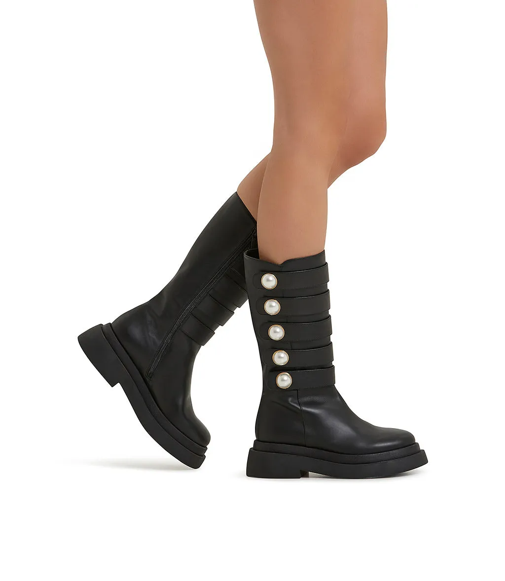 Pearl studs straps black calfskin boots