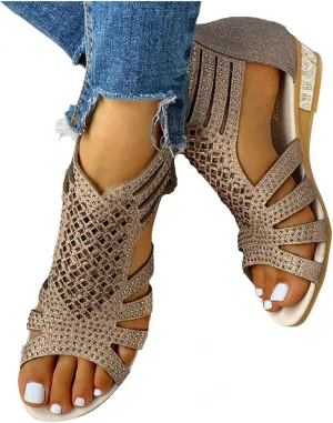 Sandals for Women Casual Summer Womens Sandals Low Wedge Heel Peep Toe Wrapped Zipper Beach Diamond Dressy Sandalias Sandals