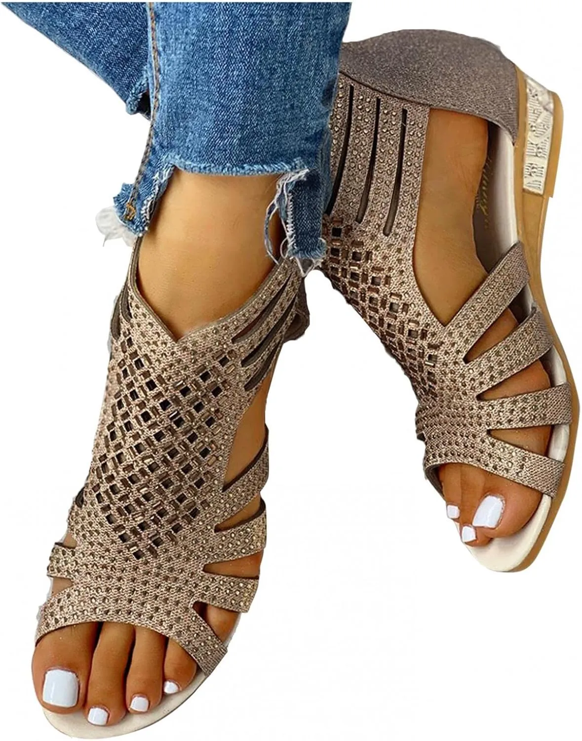 Sandals for Women Casual Summer Womens Sandals Low Wedge Heel Peep Toe Wrapped Zipper Beach Diamond Dressy Sandalias Sandals