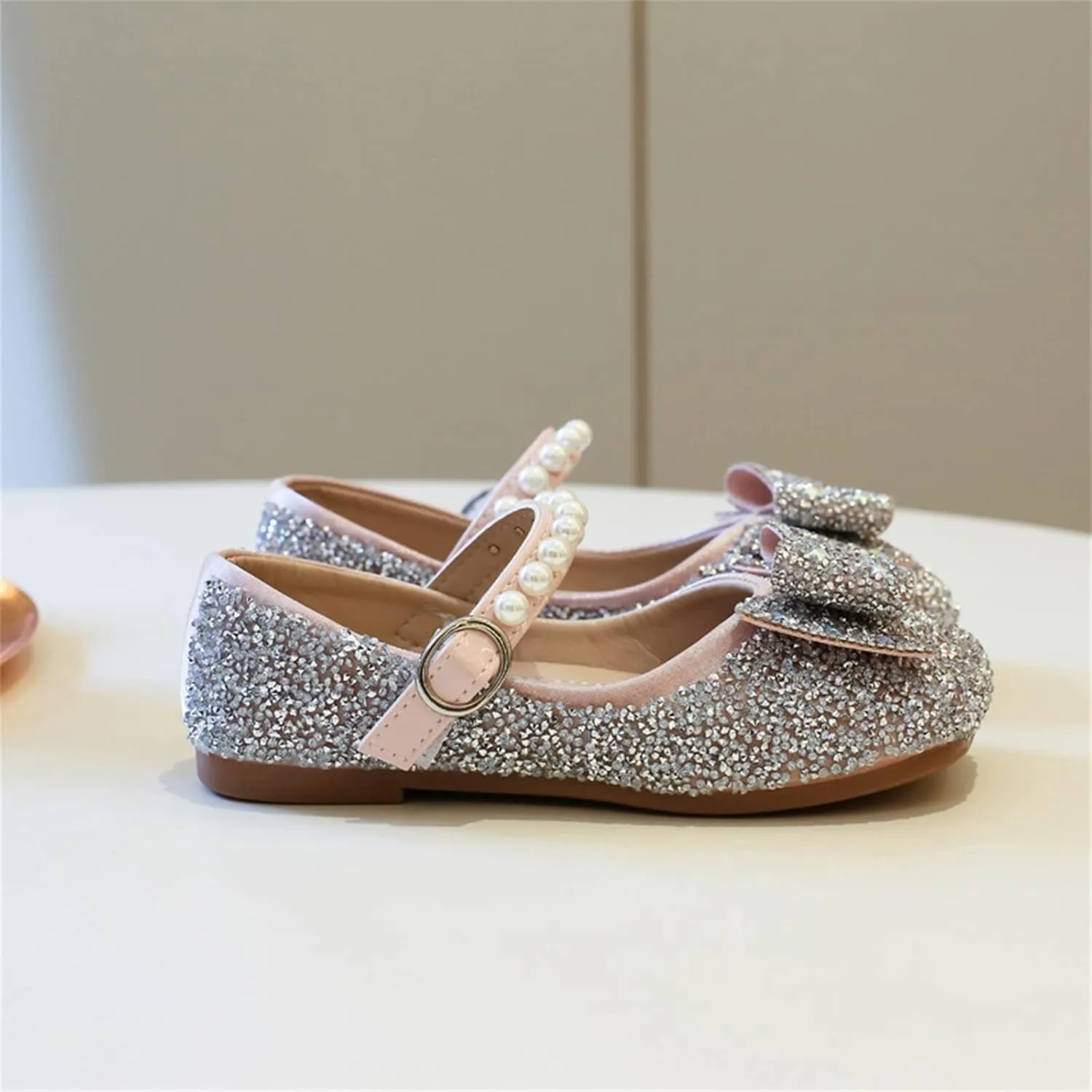 Sequins Sandals For Little Girls Toddler Kids Bow Pearl ow Heels Shoes Summer Casual Dress Dance Shoes Glitter Loafers