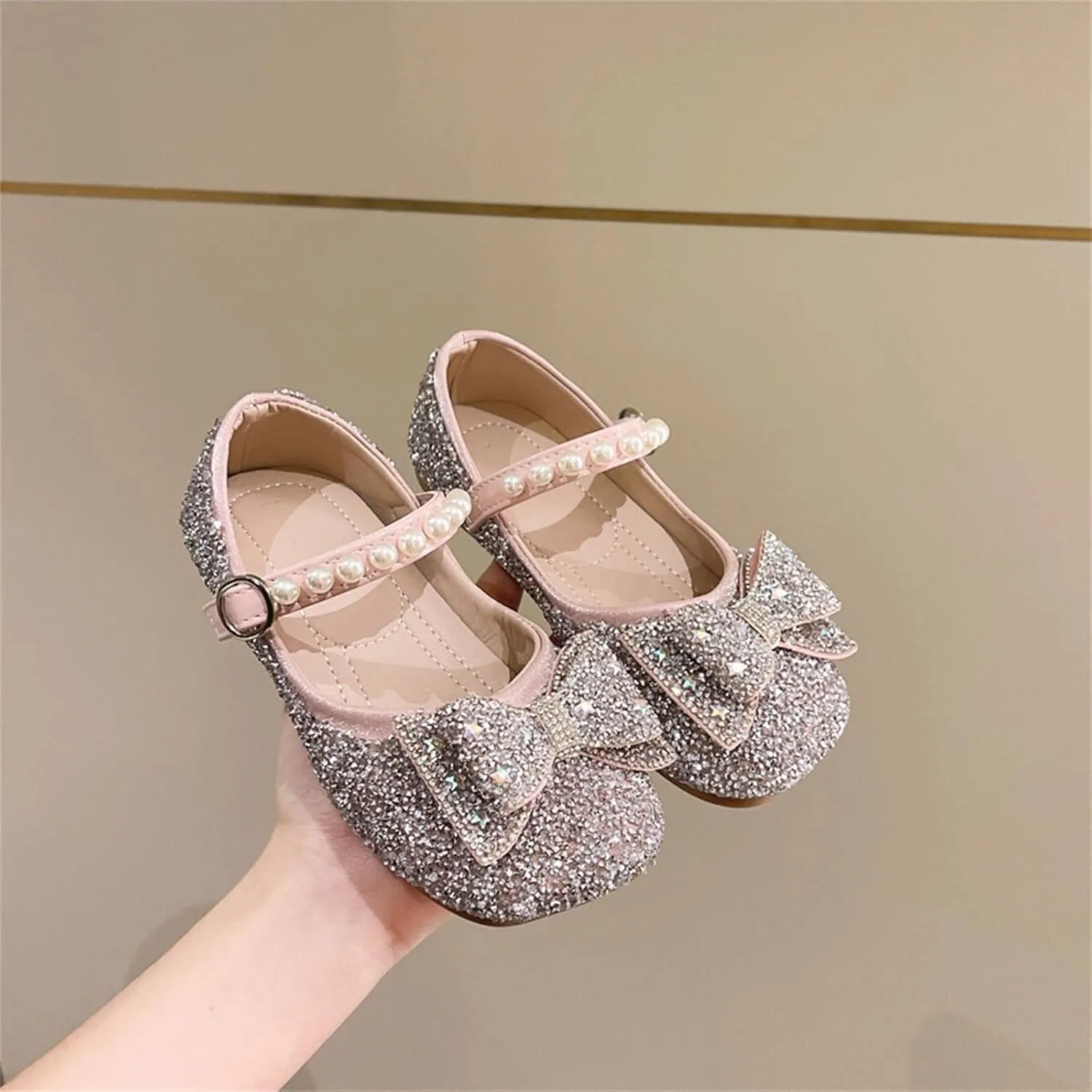 Sequins Sandals For Little Girls Toddler Kids Bow Pearl ow Heels Shoes Summer Casual Dress Dance Shoes Glitter Loafers