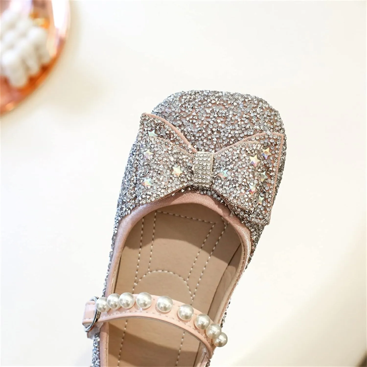 Sequins Sandals For Little Girls Toddler Kids Bow Pearl ow Heels Shoes Summer Casual Dress Dance Shoes Glitter Loafers