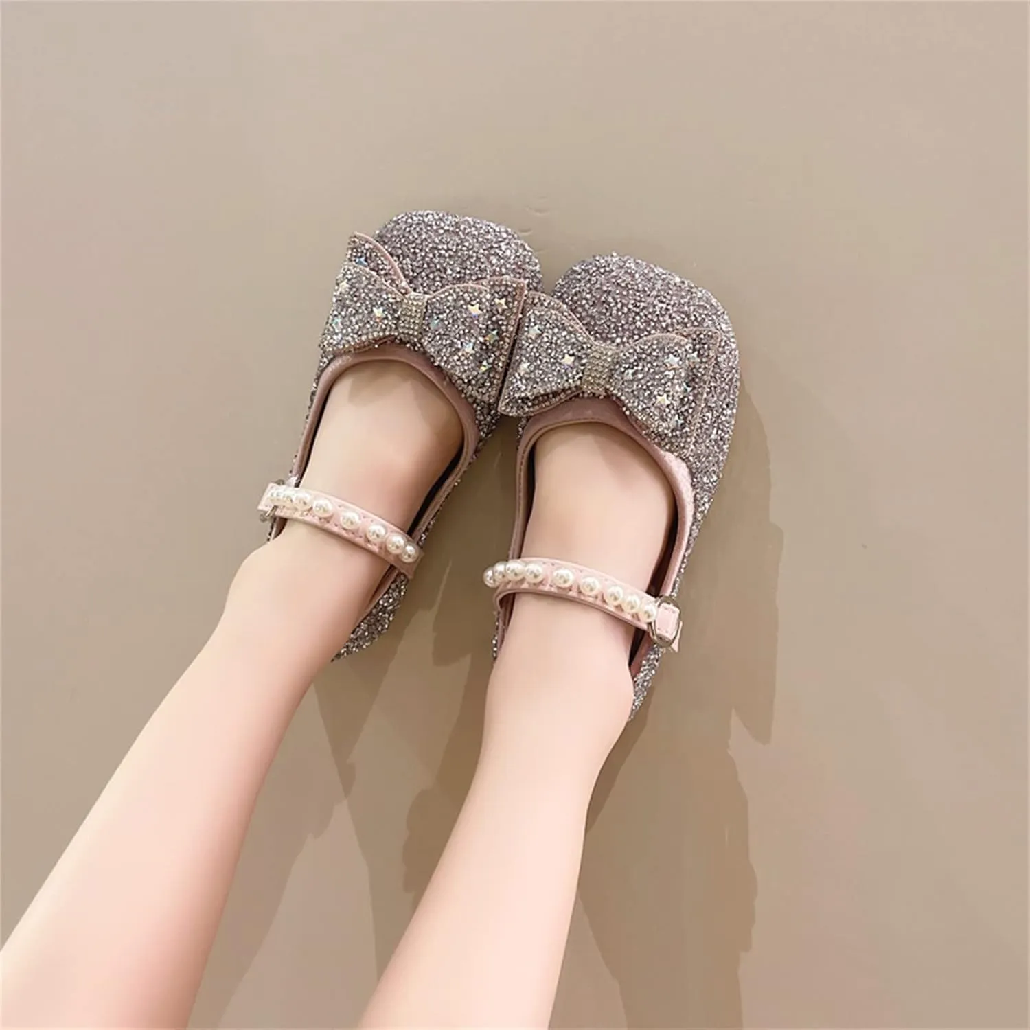 Sequins Sandals For Little Girls Toddler Kids Bow Pearl ow Heels Shoes Summer Casual Dress Dance Shoes Glitter Loafers