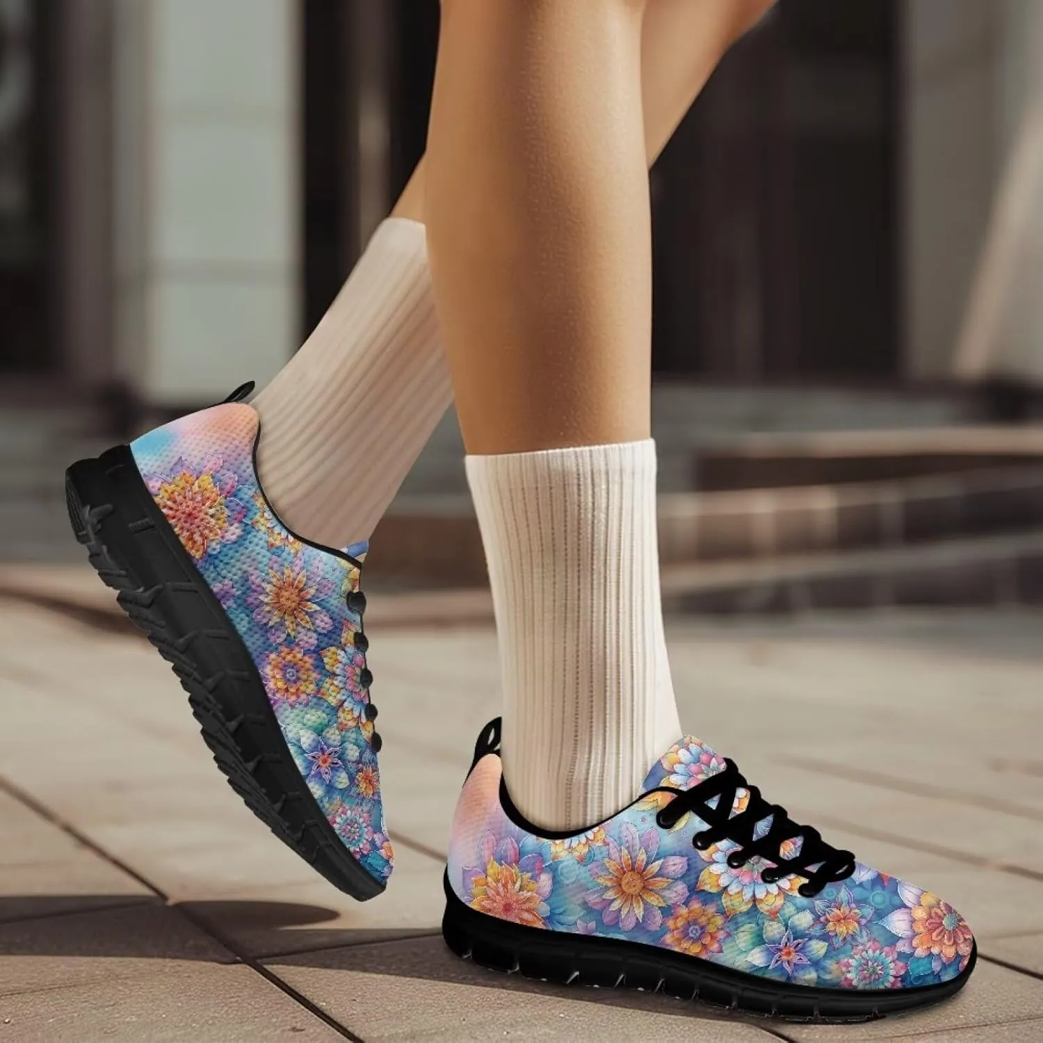 Sneakers Women Print Shoes Flat Comfortable Lace Up Low-Top Running Workout Shoes Women Anti-Slip Sport Outdoor Hiking Sneakers Ladies US 5-12
