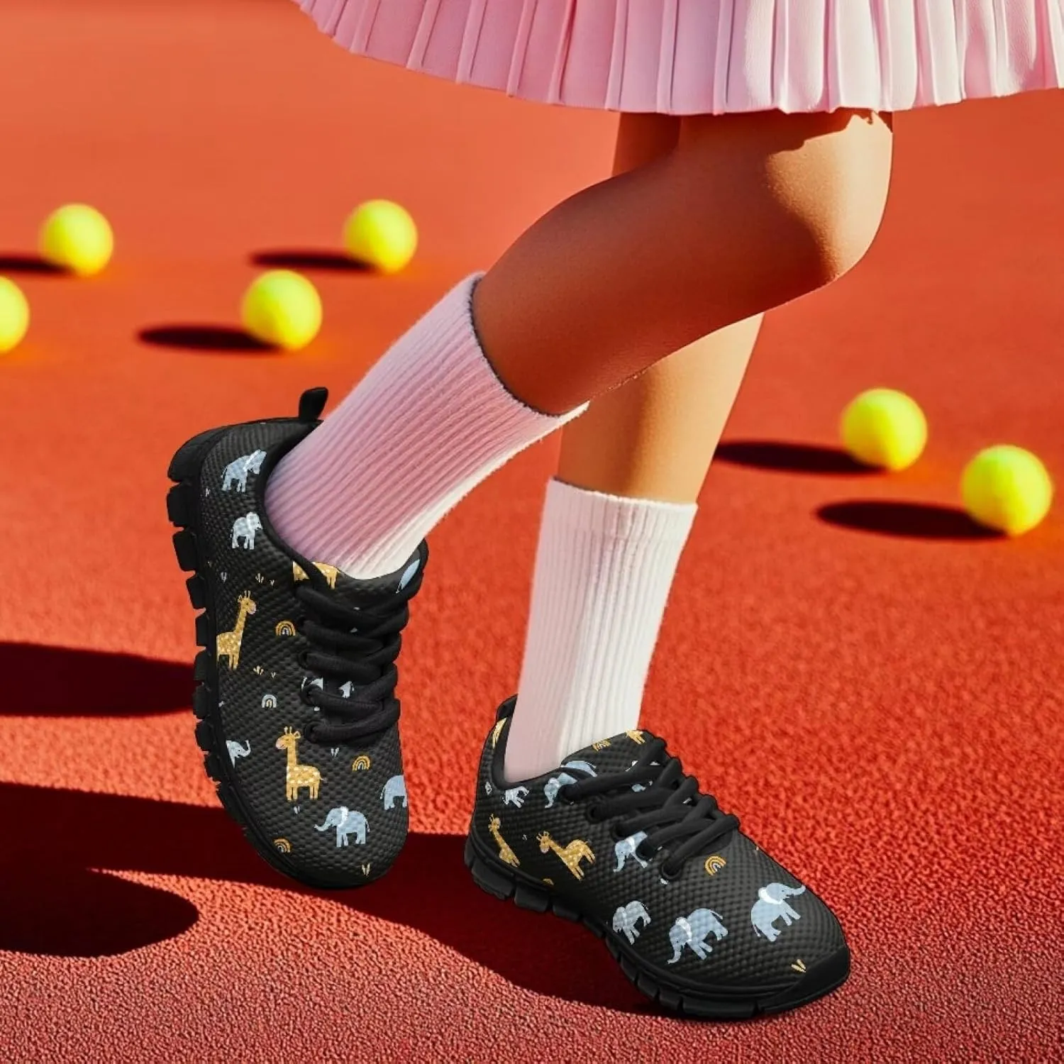 Stylish Breathable Tennis Sneakers Indoor Anti-Skid Shoes for Boys Girls Lightweight Cozy Rubber Sole Anti-Skid Shoes for Travel US Little Kid 11-13 Big Kid 1-5 Black Sole