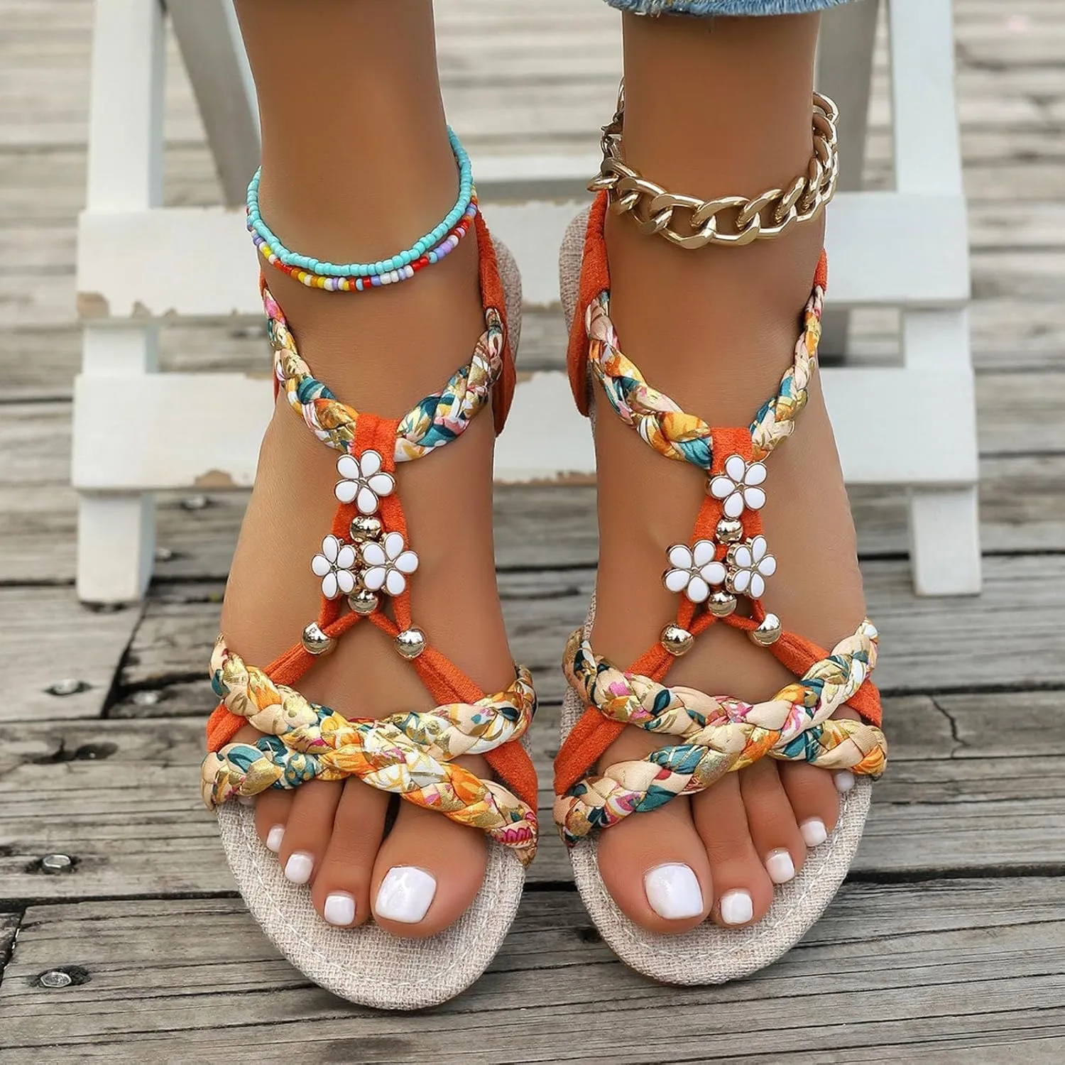 Summer Bohemian Sandals for Women Fashion Lightweight T-Strap Buckle Crystal Flats Walking Shoes Casual Comfortable Open Toe Jeweled Flat Flip Flops Thong Sandals