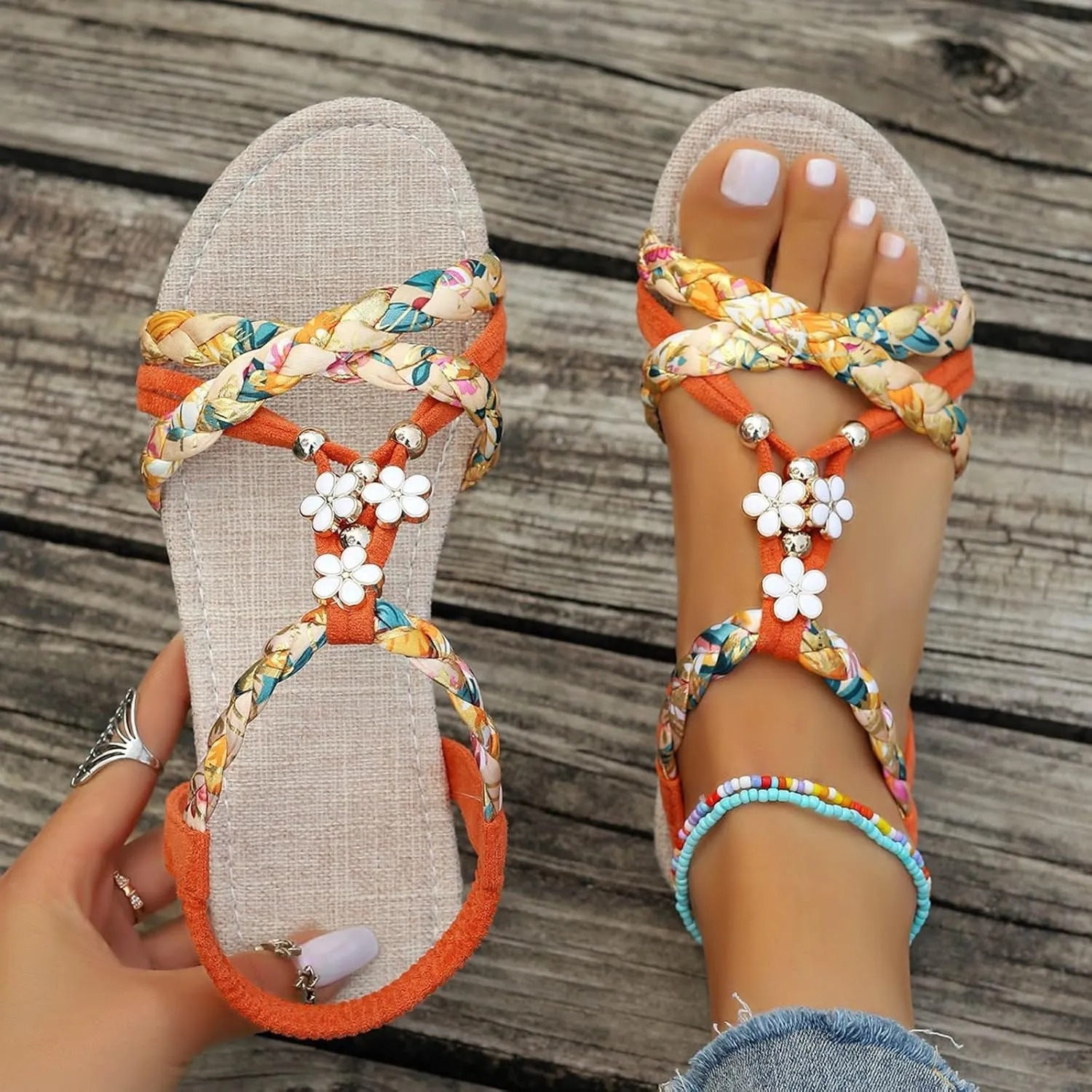 Summer Bohemian Sandals for Women Fashion Lightweight T-Strap Buckle Crystal Flats Walking Shoes Casual Comfortable Open Toe Jeweled Flat Flip Flops Thong Sandals