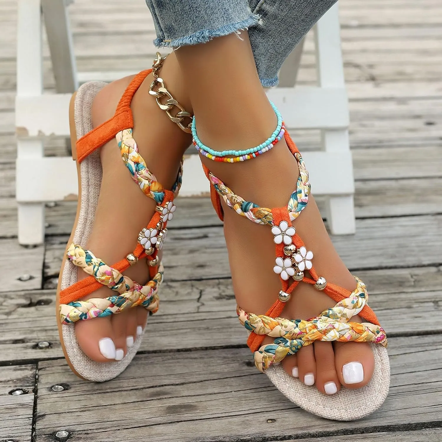 Summer Bohemian Sandals for Women Fashion Lightweight T-Strap Buckle Crystal Flats Walking Shoes Casual Comfortable Open Toe Jeweled Flat Flip Flops Thong Sandals