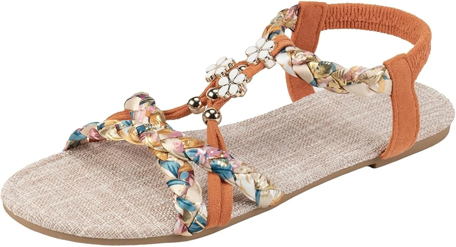 Summer Bohemian Sandals for Women Fashion Lightweight T-Strap Buckle Crystal Flats Walking Shoes Casual Comfortable Open Toe Jeweled Flat Flip Flops Thong Sandals