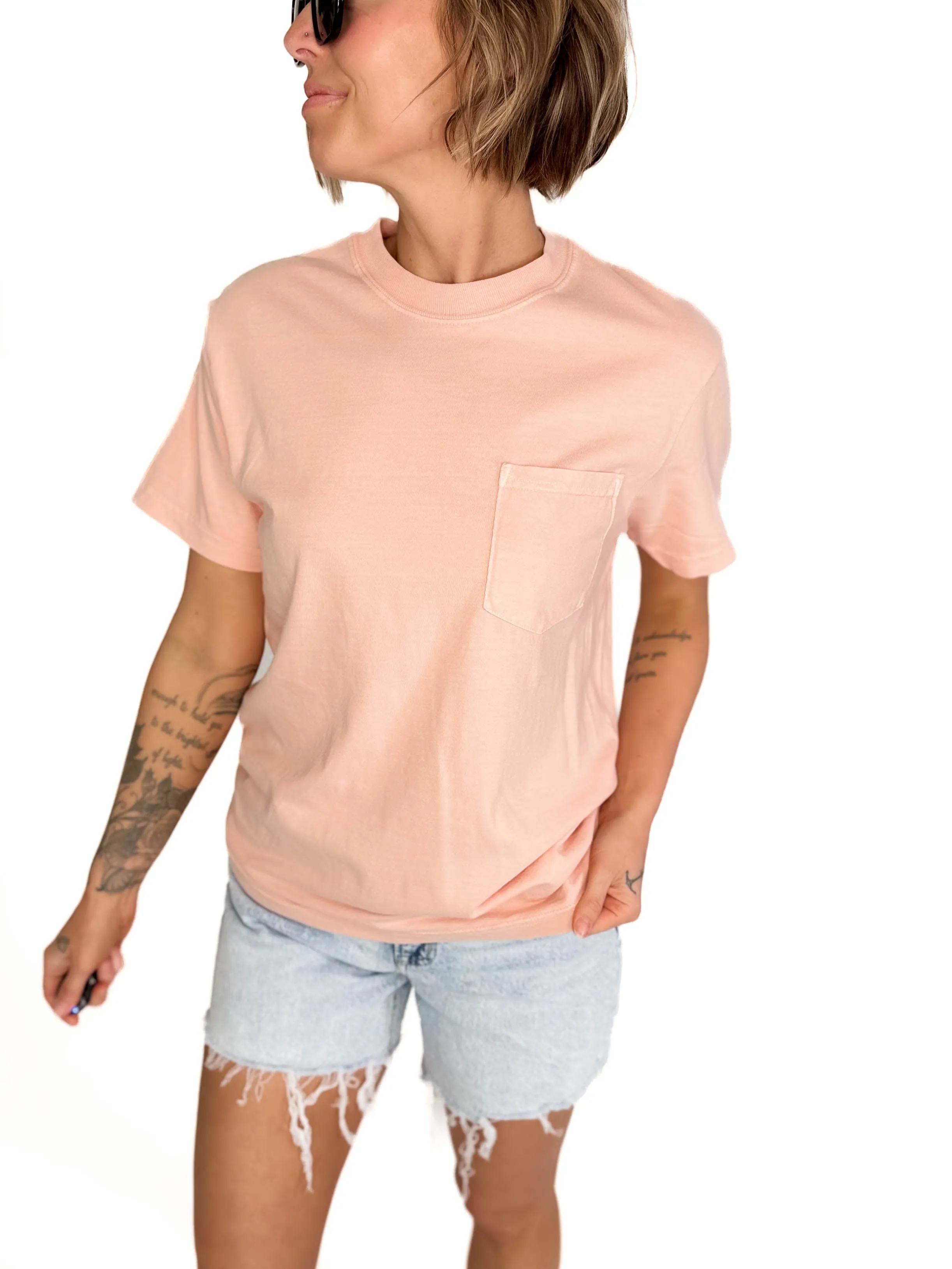 T G Classic Washed Cotton Pocket T-shirt- PEACHY