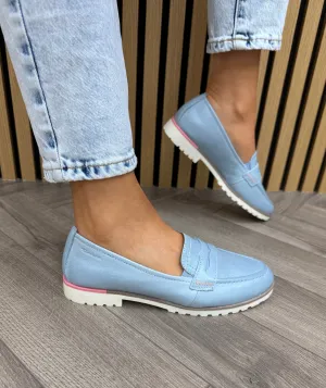 Tamaris (SS25) Loafer with Neon Pink Heel Trim 24228 (T7)- Light Blue