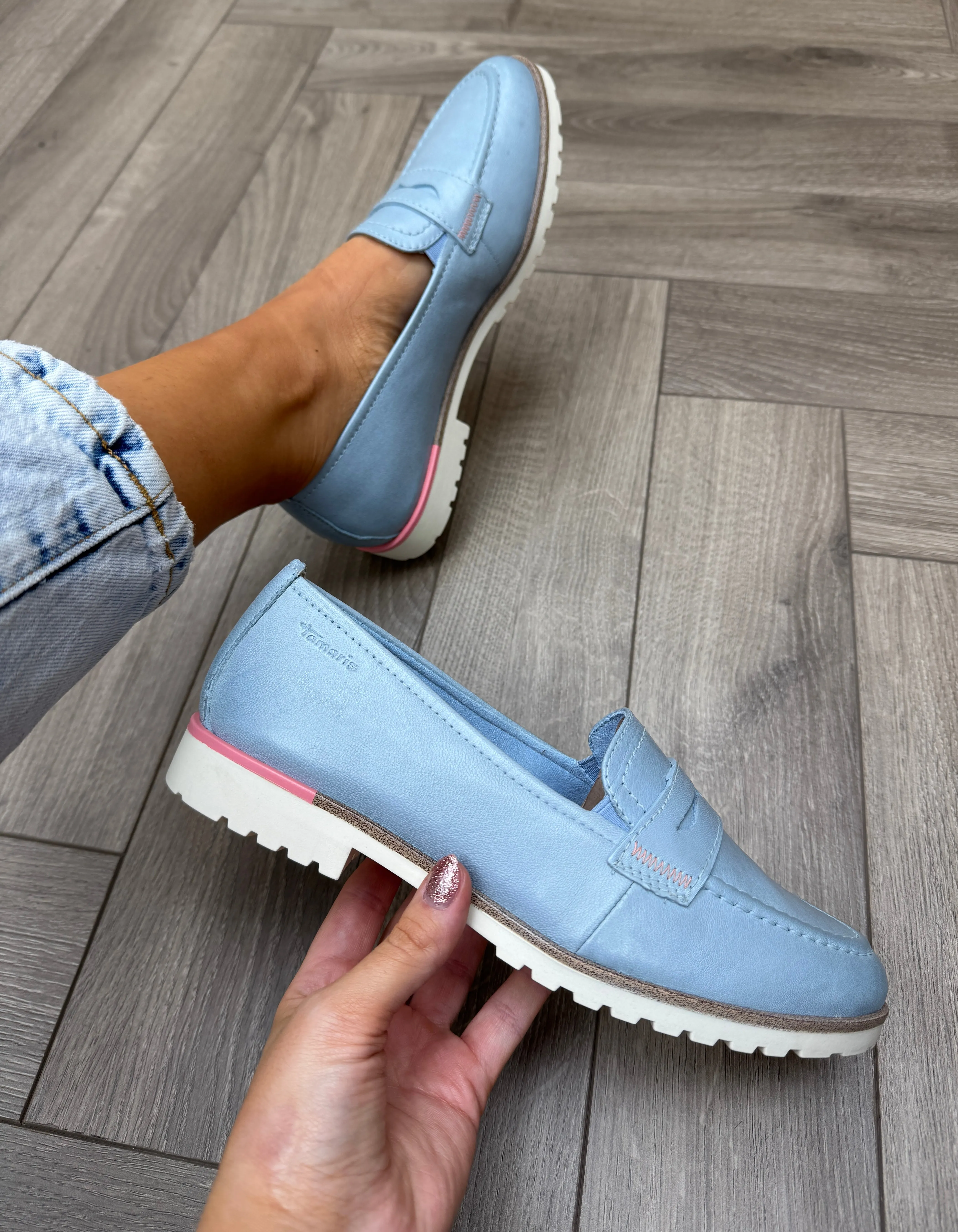 Tamaris (SS25) Loafer with Neon Pink Heel Trim 24228 (T7)- Light Blue