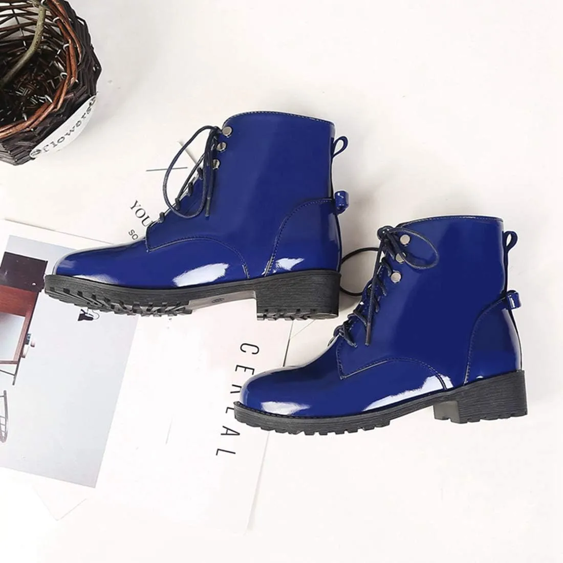 VOKLIN Women's Fashion Lace Up Dressy Ankle Boots Waterproof Rain Platform Low Heel Booties Combat Short Boot