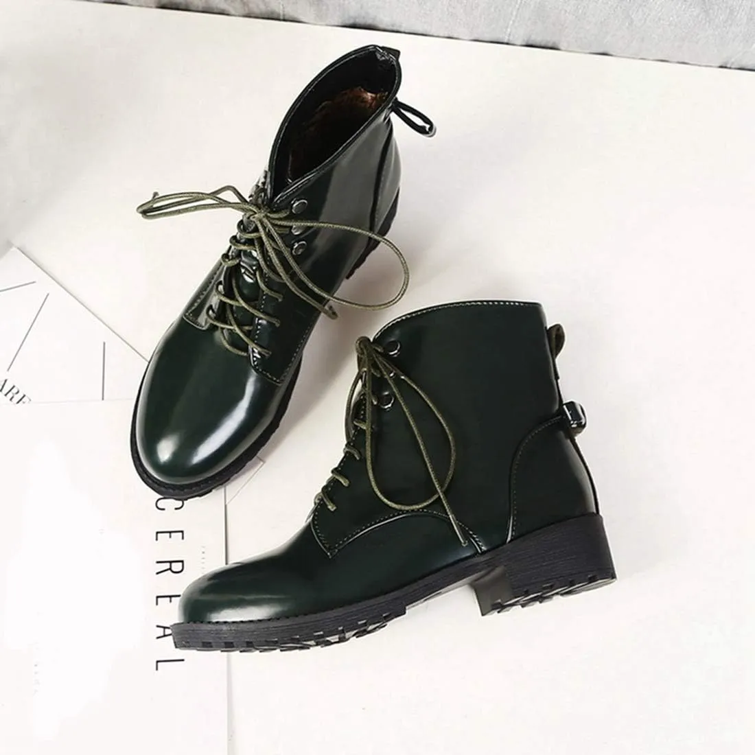 VOKLIN Women's Fashion Lace Up Dressy Ankle Boots Waterproof Rain Platform Low Heel Booties Combat Short Boot