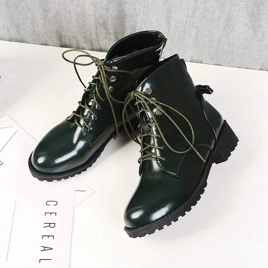 VOKLIN Women's Fashion Lace Up Dressy Ankle Boots Waterproof Rain Platform Low Heel Booties Combat Short Boot