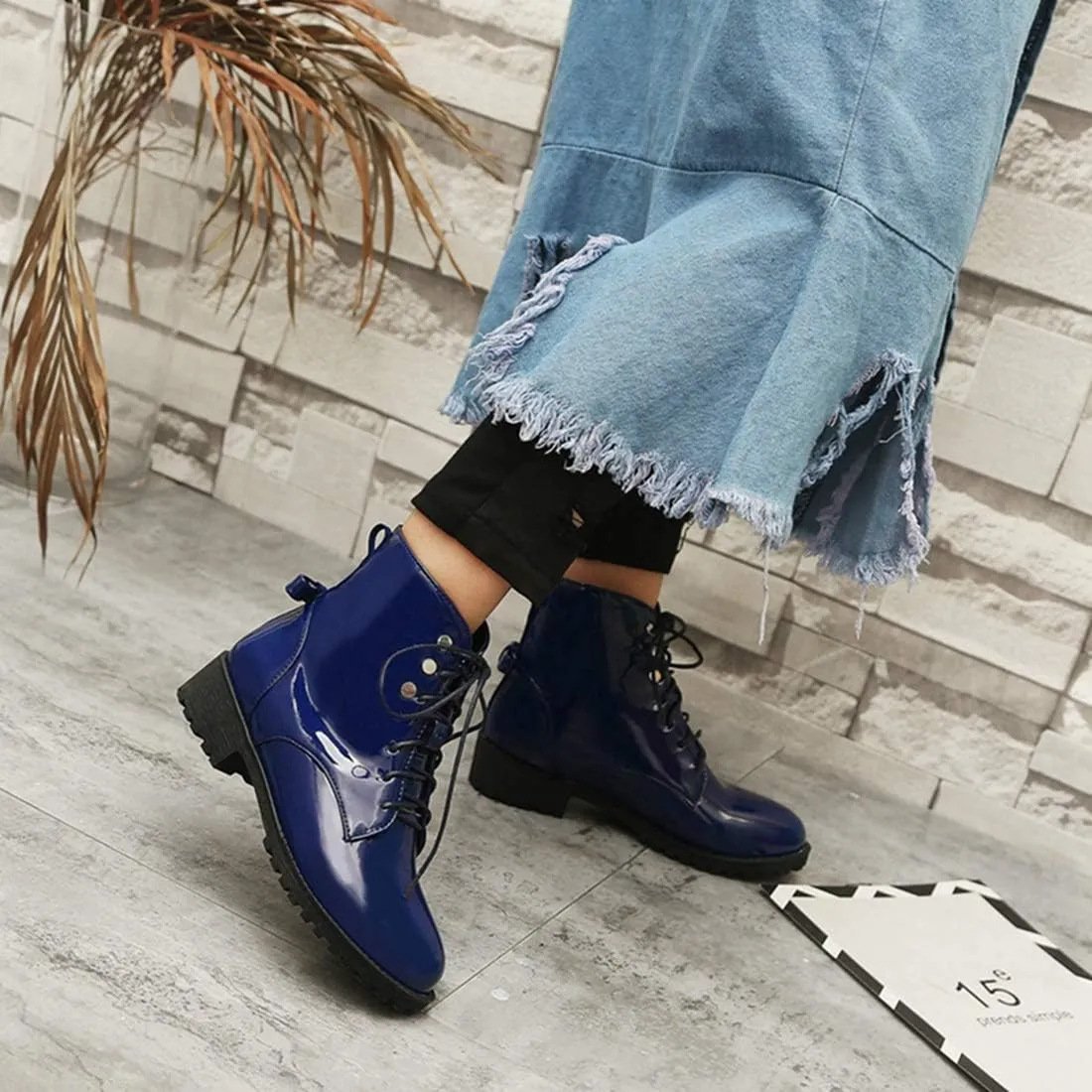 VOKLIN Women's Fashion Lace Up Dressy Ankle Boots Waterproof Rain Platform Low Heel Booties Combat Short Boot
