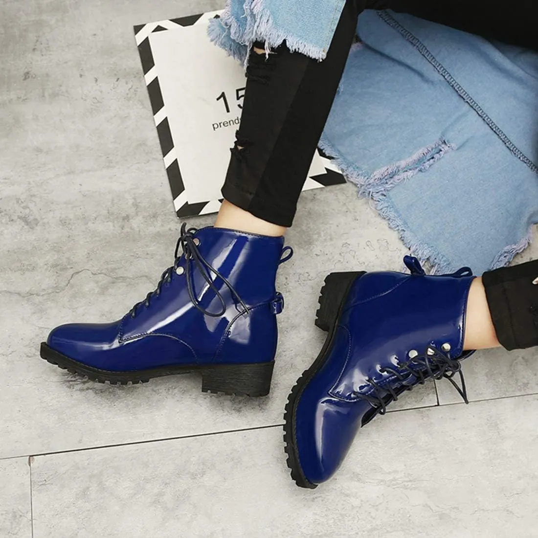 VOKLIN Women's Fashion Lace Up Dressy Ankle Boots Waterproof Rain Platform Low Heel Booties Combat Short Boot
