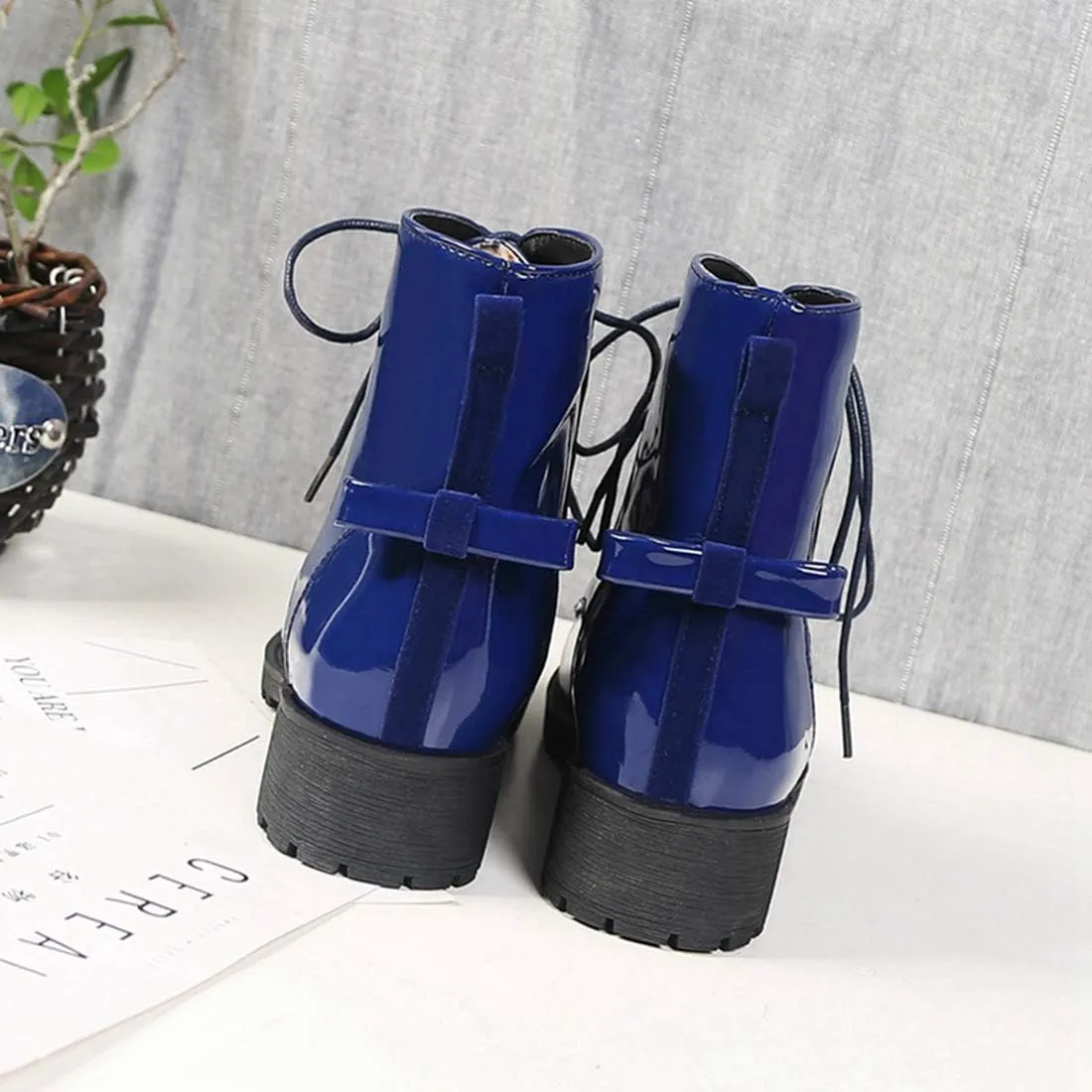 VOKLIN Women's Fashion Lace Up Dressy Ankle Boots Waterproof Rain Platform Low Heel Booties Combat Short Boot
