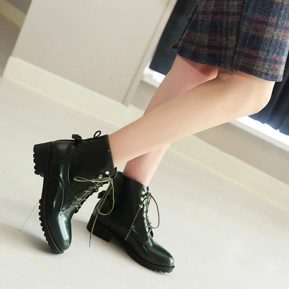 VOKLIN Women's Fashion Lace Up Dressy Ankle Boots Waterproof Rain Platform Low Heel Booties Combat Short Boot