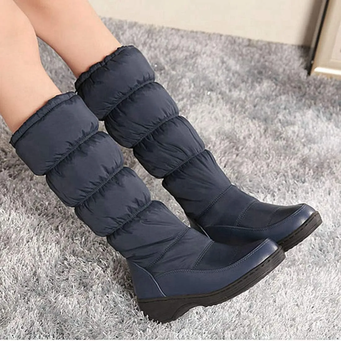 VOKLIN Women's Winter Mid Calf Snow Boots Waterproof Rain Fur Lined Elastic Platform Cold Weather Snow Boot