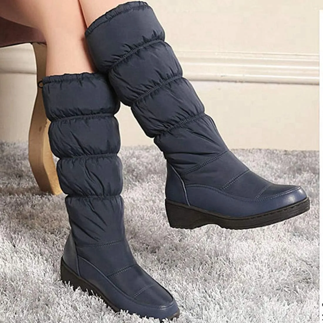 VOKLIN Women's Winter Mid Calf Snow Boots Waterproof Rain Fur Lined Elastic Platform Cold Weather Snow Boot