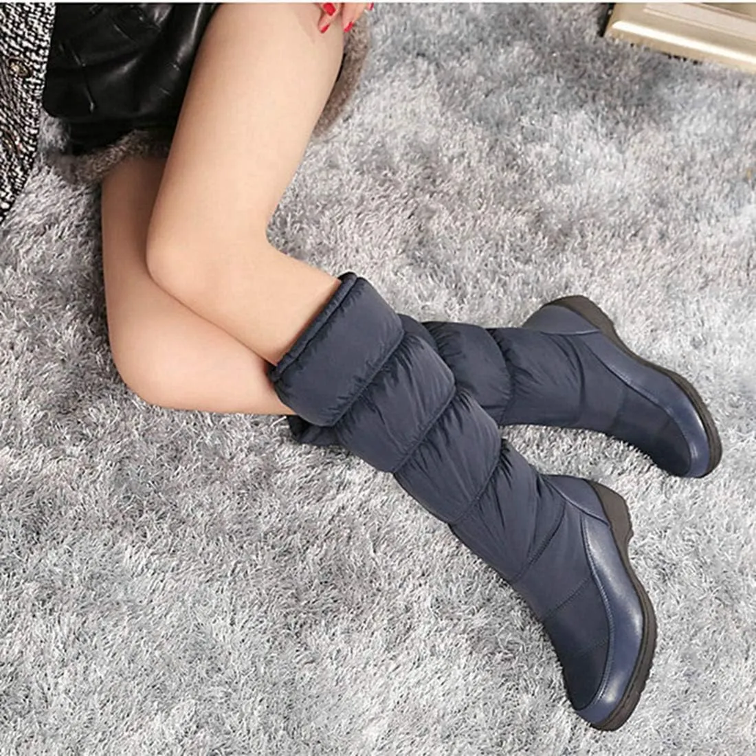 VOKLIN Women's Winter Mid Calf Snow Boots Waterproof Rain Fur Lined Elastic Platform Cold Weather Snow Boot