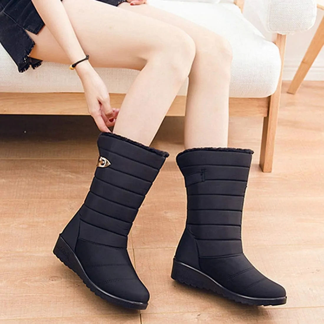 VOKLIN Women's Winter Mid Wide Calf Snow Boots Waterproof Rain Slip On Lightweight Warm Fur Cold Weather Boot