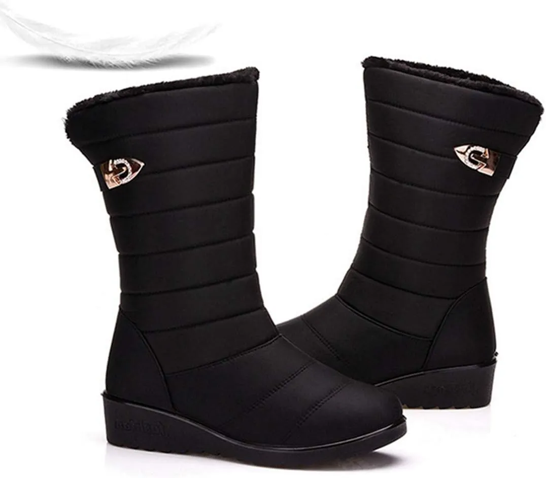 VOKLIN Women's Winter Mid Wide Calf Snow Boots Waterproof Rain Slip On Lightweight Warm Fur Cold Weather Boot