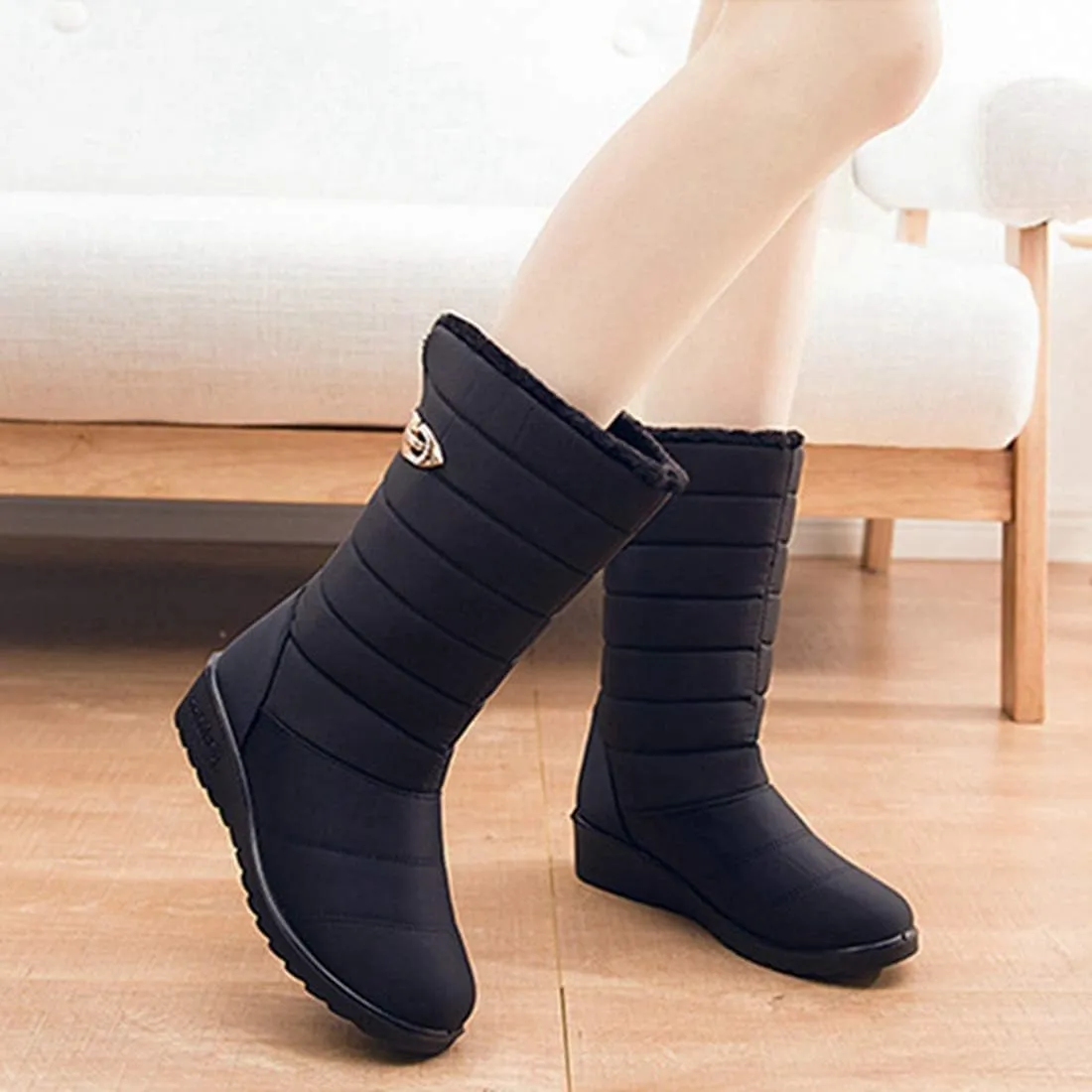 VOKLIN Women's Winter Mid Wide Calf Snow Boots Waterproof Rain Slip On Lightweight Warm Fur Cold Weather Boot