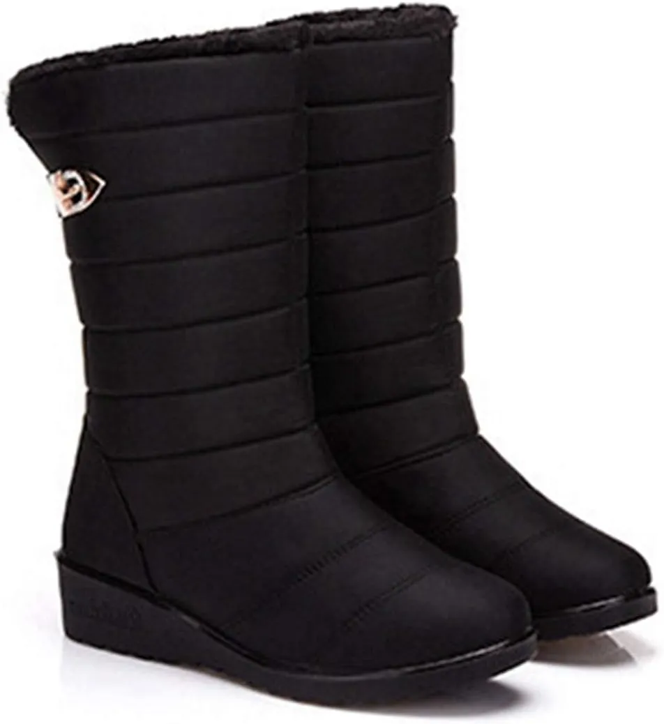 VOKLIN Women's Winter Mid Wide Calf Snow Boots Waterproof Rain Slip On Lightweight Warm Fur Cold Weather Boot