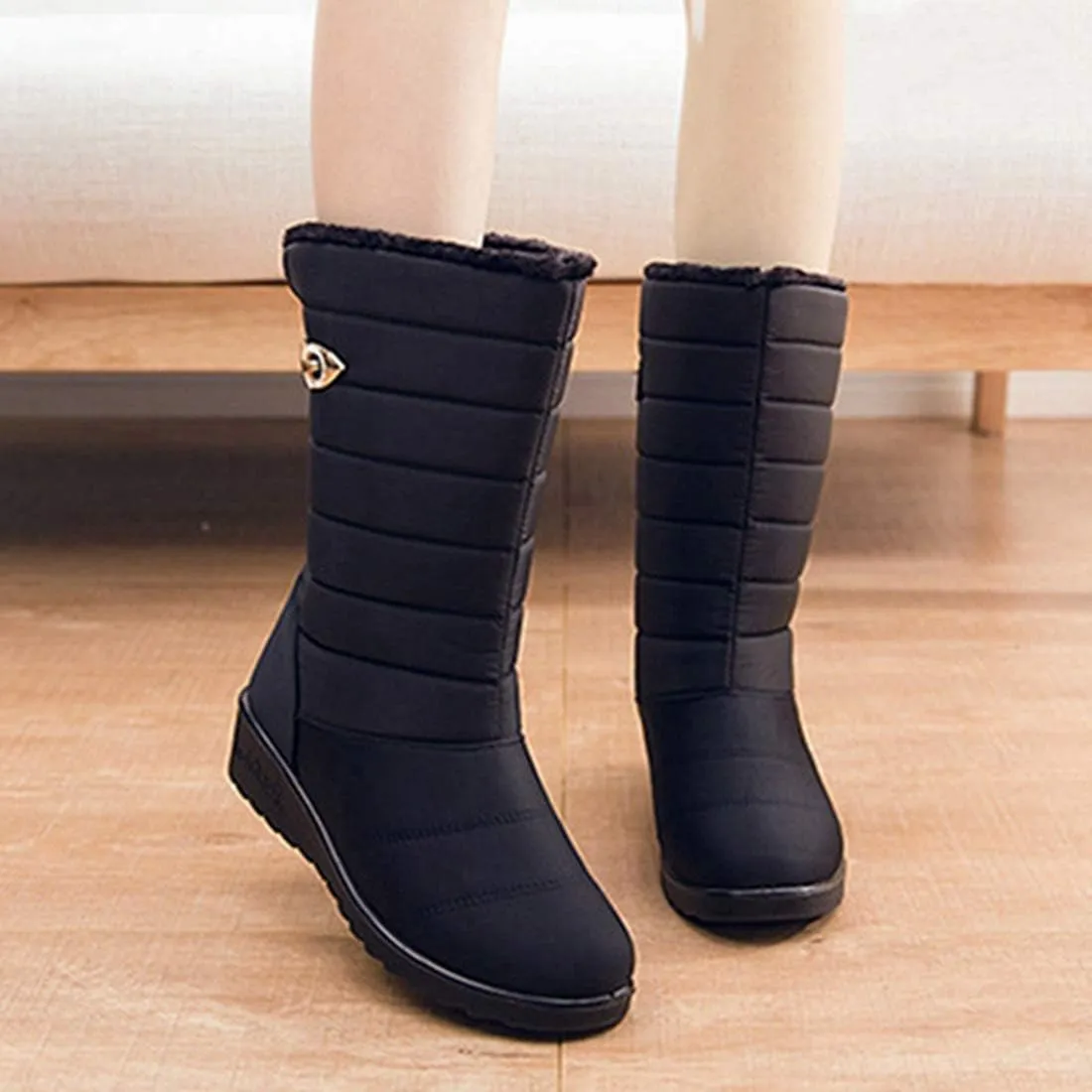 VOKLIN Women's Winter Mid Wide Calf Snow Boots Waterproof Rain Slip On Lightweight Warm Fur Cold Weather Boot