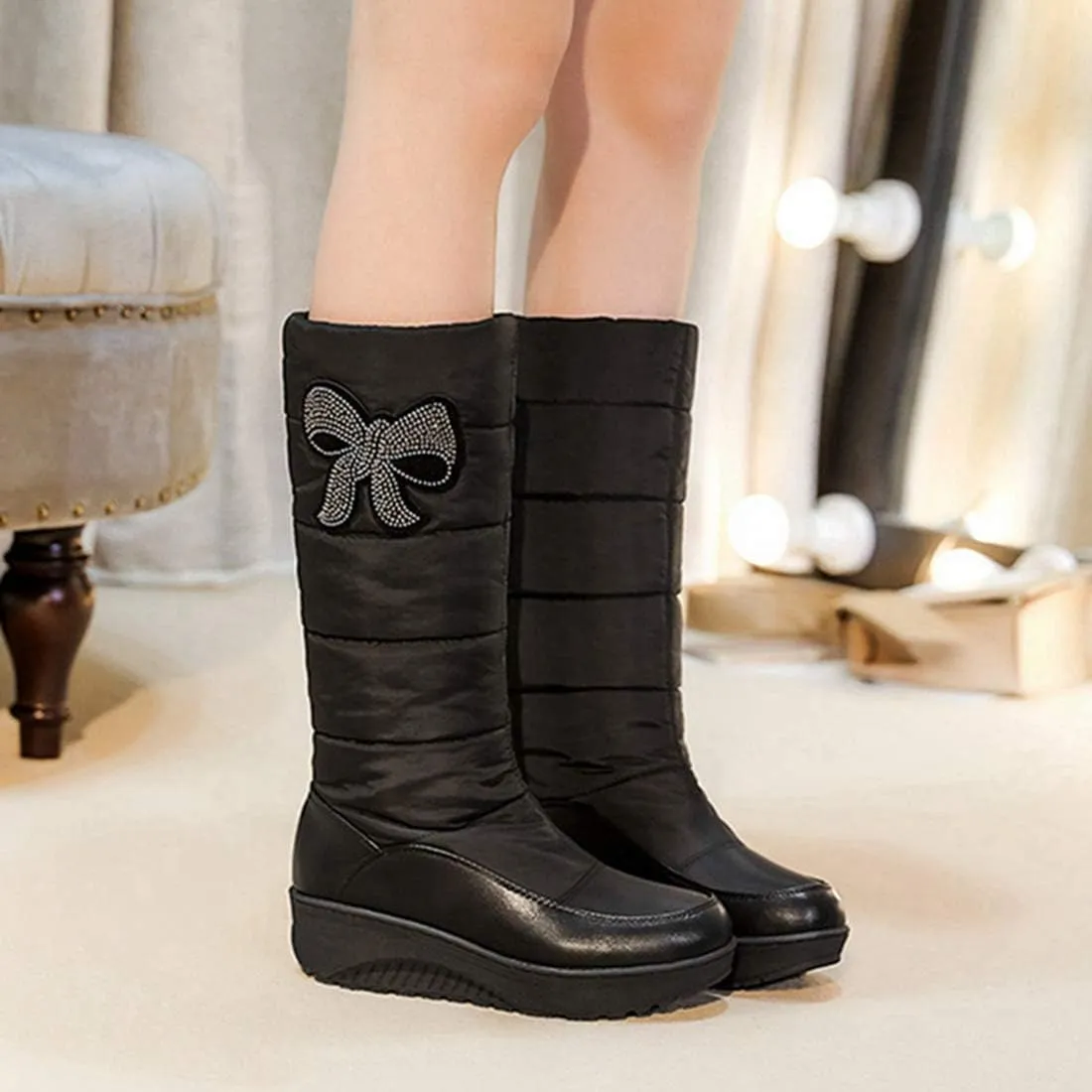 VOKLIN Women's Winter Mid Wide Calf Snow Boots Waterproof Rain Warm Fur Lined Fashion Cold Weather Snow Boot