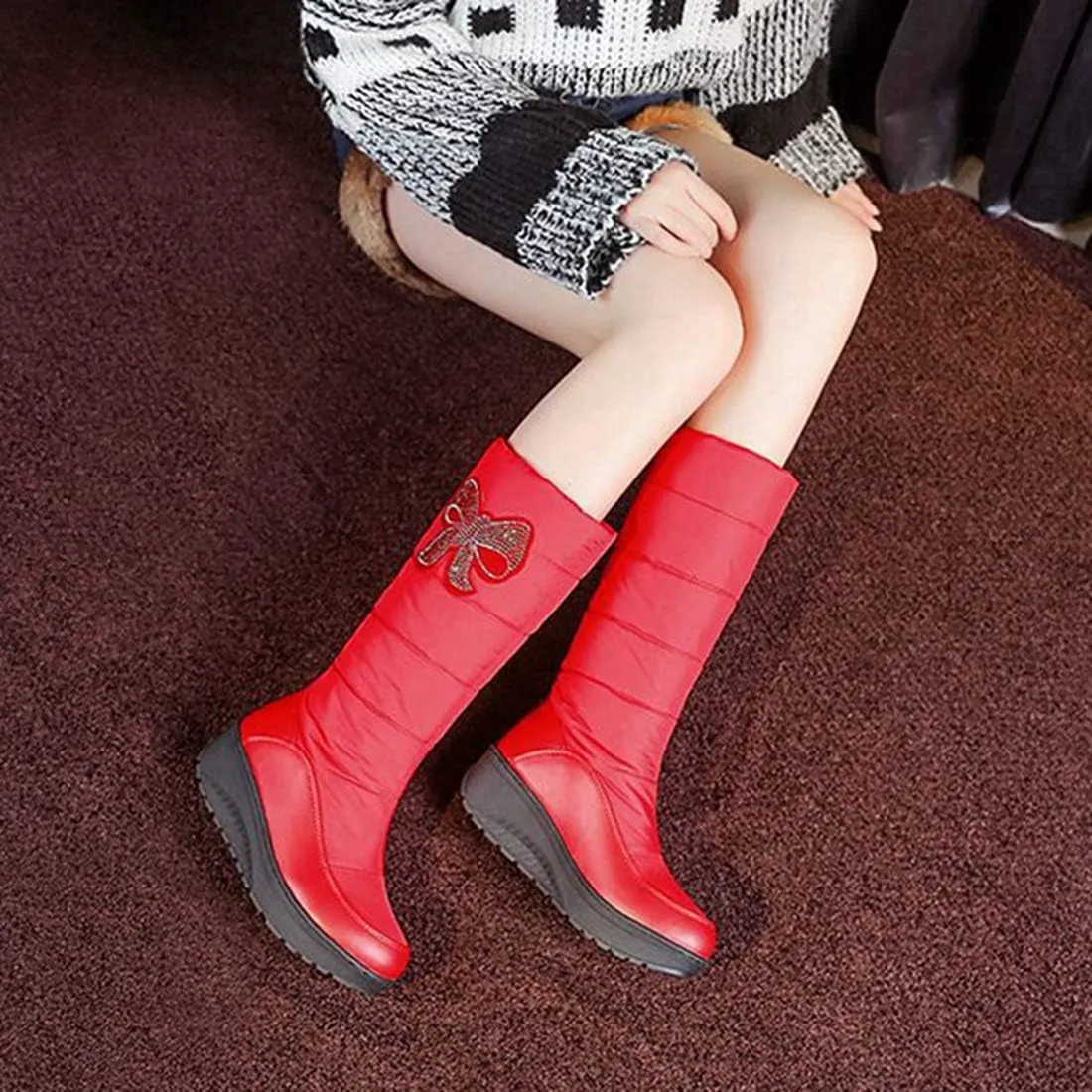 VOKLIN Women's Winter Mid Wide Calf Snow Boots Waterproof Rain Warm Fur Lined Fashion Cold Weather Snow Boot