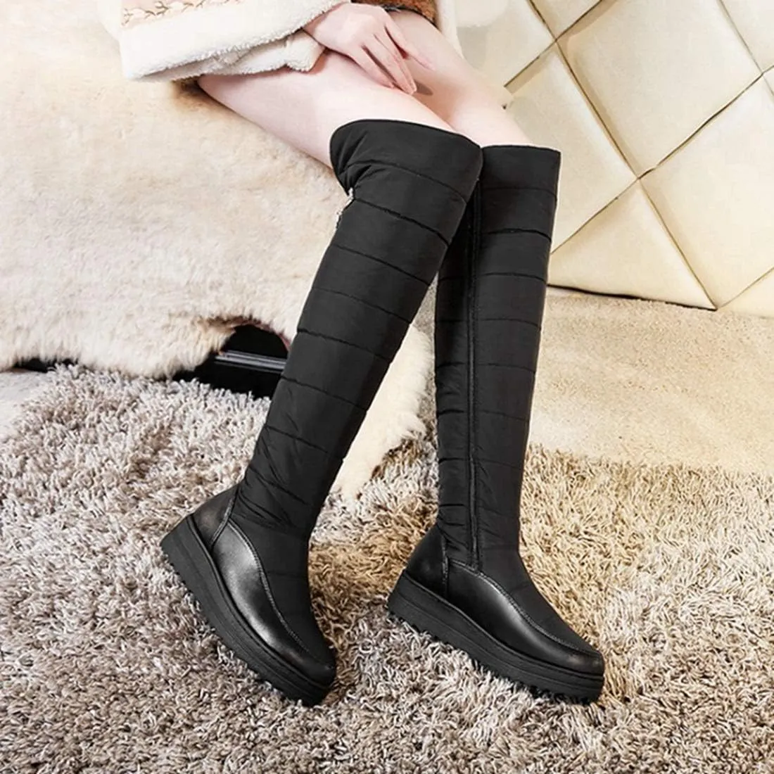 VOKLIN Women's Winter Over The Knee Thigh High Snow Boots Waterproof Rain Fur Lined Warm Wide Calf Snow Boot