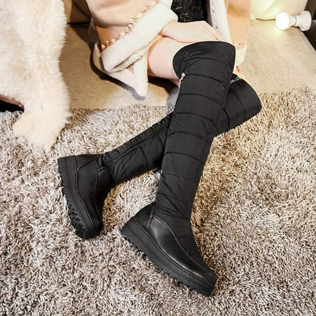 VOKLIN Women's Winter Over The Knee Thigh High Snow Boots Waterproof Rain Fur Lined Warm Wide Calf Snow Boot