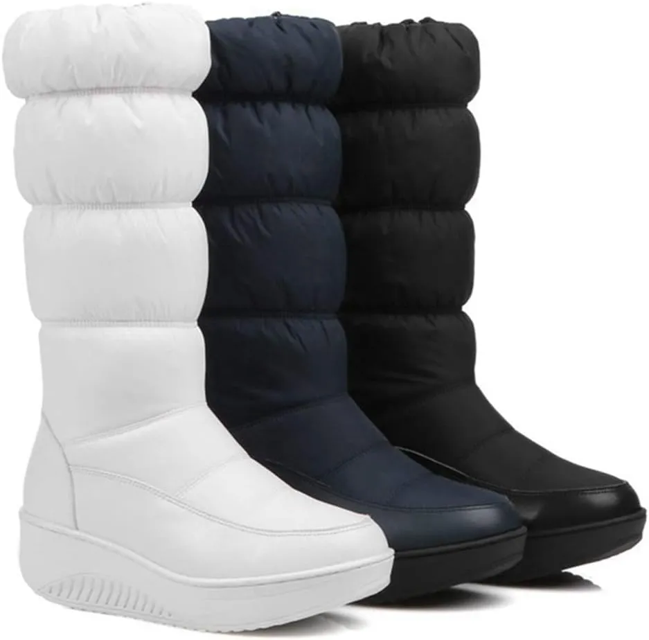 VOKLIN Women's Winter Waterproof Rain Snow Boots Mid Calf Platform Zipper Fur Lined Cold Weather Snow Boot