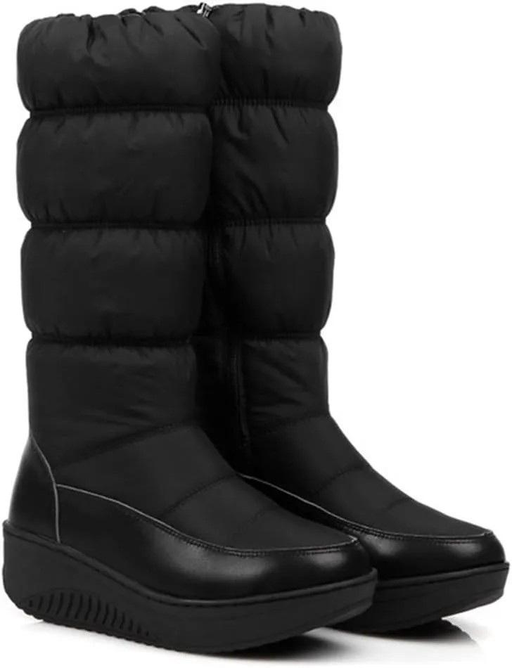 VOKLIN Women's Winter Waterproof Rain Snow Boots Mid Calf Platform Zipper Fur Lined Cold Weather Snow Boot