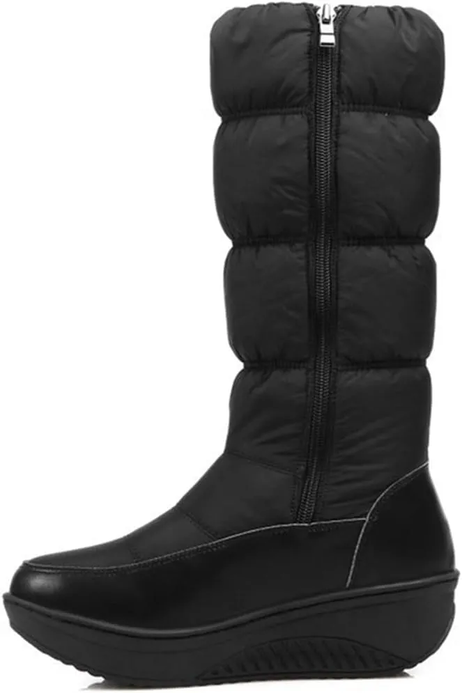 VOKLIN Women's Winter Waterproof Rain Snow Boots Mid Calf Platform Zipper Fur Lined Cold Weather Snow Boot