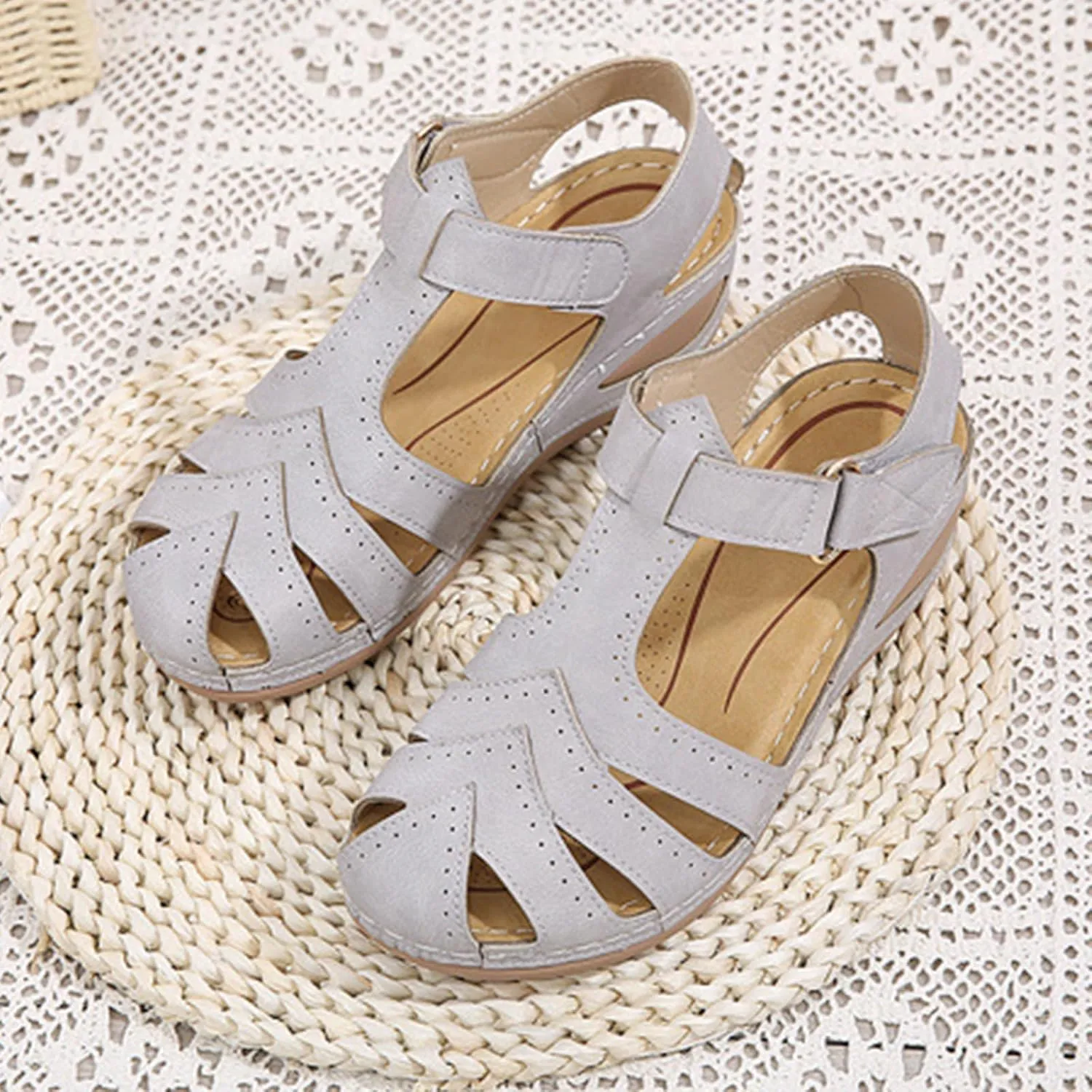 Wedge Sandals for Women Breathable Summer Closed Toe Sandals Dressy Casual Hollow Out Orthopedic Shoes with Arch Support Comfort Ankle Strap Slip On Platform Sandal