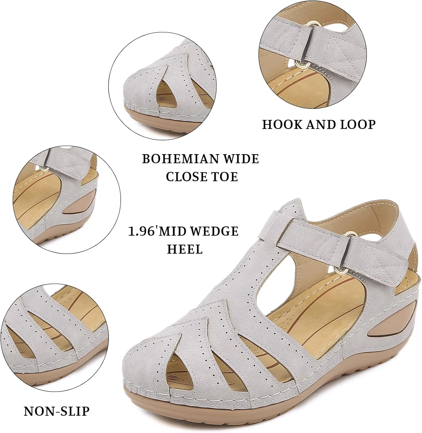 Wedge Sandals for Women Breathable Summer Closed Toe Sandals Dressy Casual Hollow Out Orthopedic Shoes with Arch Support Comfort Ankle Strap Slip On Platform Sandal