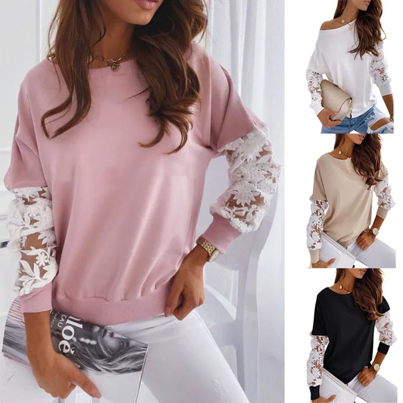 Women Pullover Patchwork Embroidery Lace Long Sleeve Loose Sweatshirt Elegant O Neck Tops