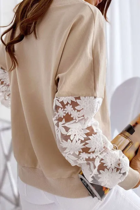 Women Pullover Patchwork Embroidery Lace Long Sleeve Loose Sweatshirt Elegant O Neck Tops