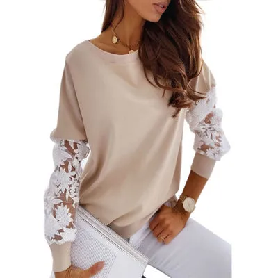 Women Pullover Patchwork Embroidery Lace Long Sleeve Loose Sweatshirt Elegant O Neck Tops