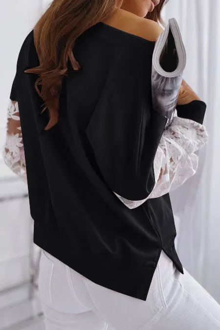 Women Pullover Patchwork Embroidery Lace Long Sleeve Loose Sweatshirt Elegant O Neck Tops