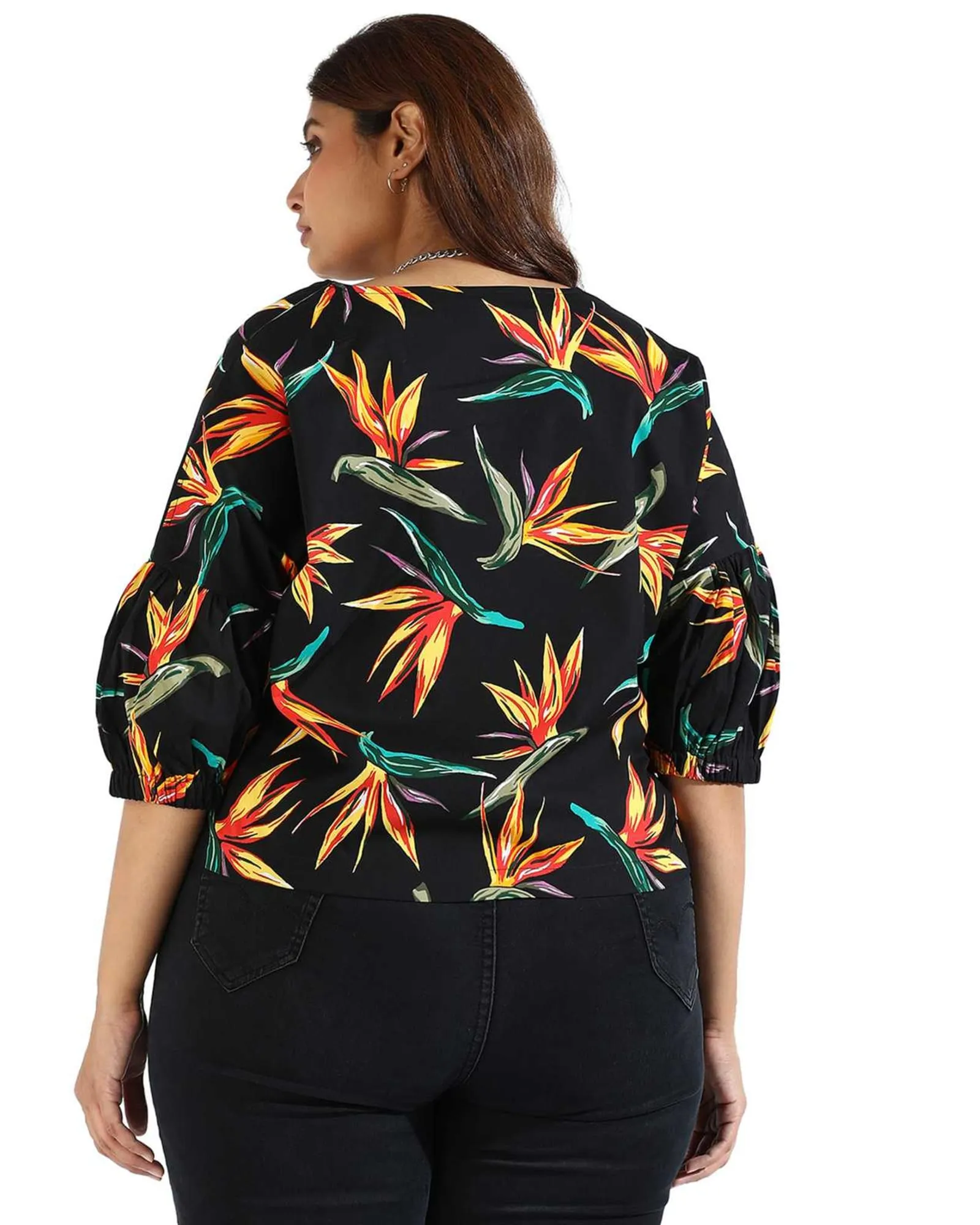 Women Tropical Design Casual Top | Black