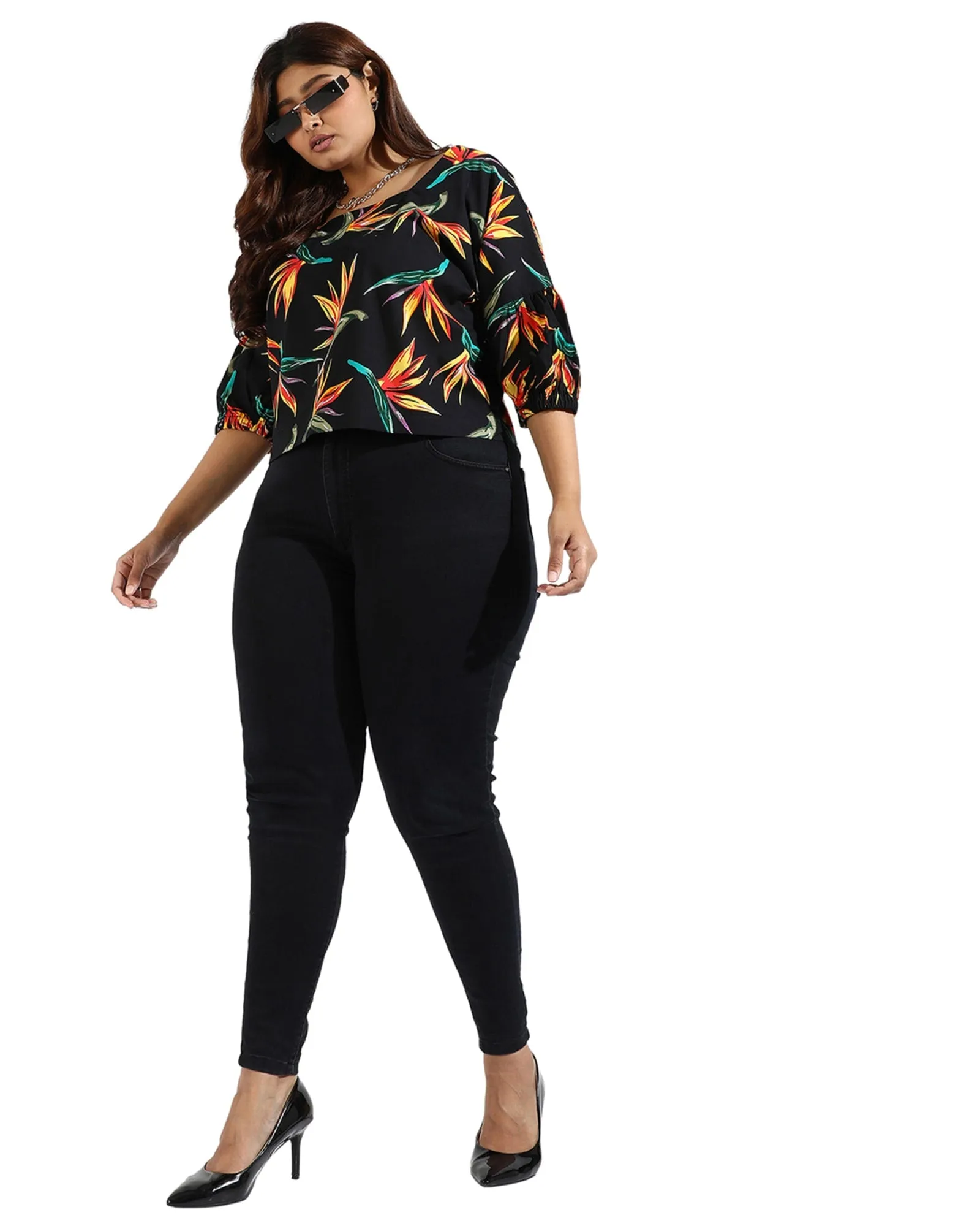 Women Tropical Design Casual Top | Black