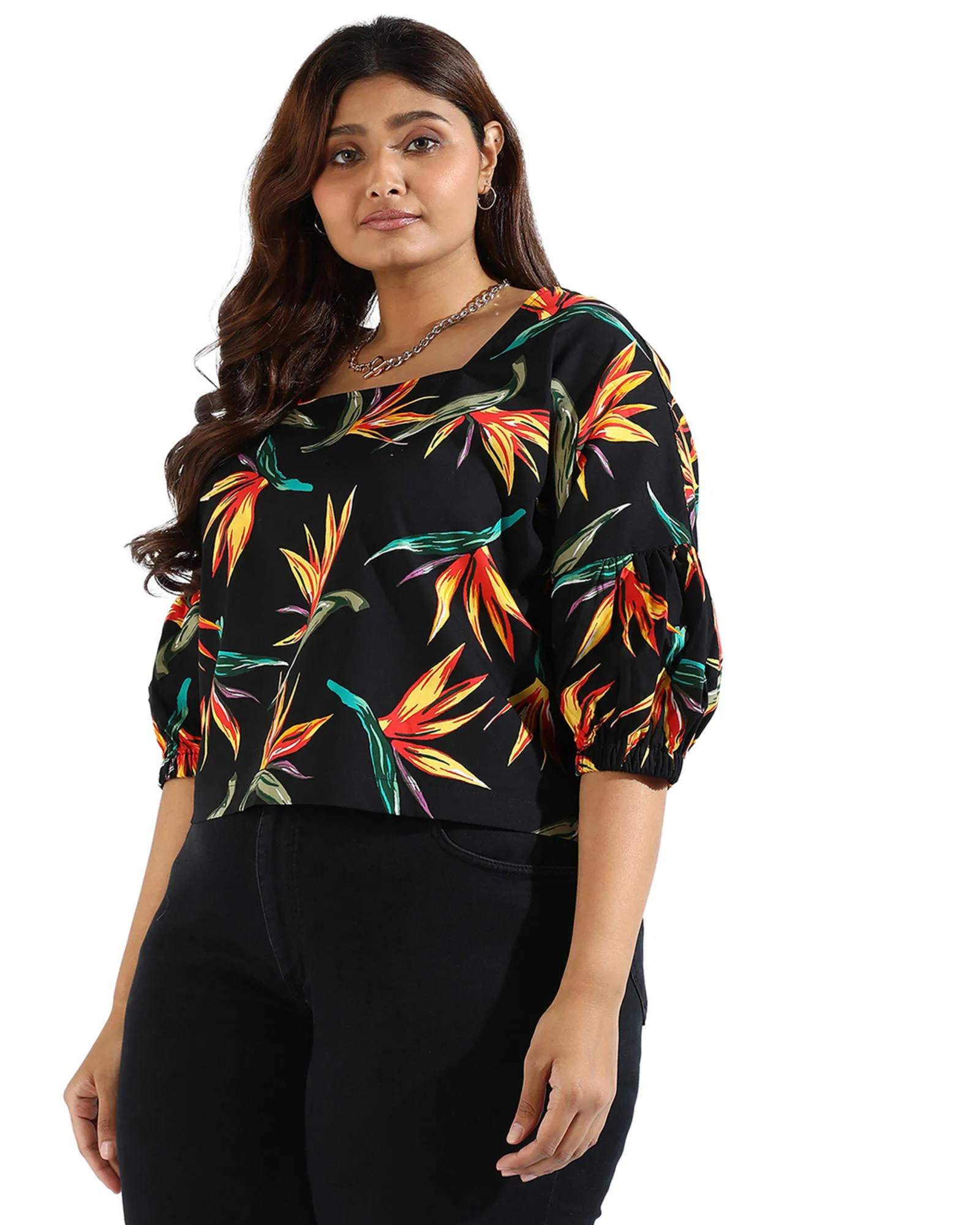 Women Tropical Design Casual Top | Black