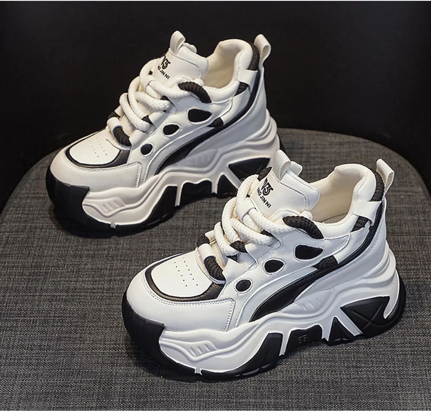 Women's Fashion Leather Chunky Platform Sneakers,Lace Up Winter Fur Lined Stylish Comfortable Wedge Walking Dad Shoes Sneakers